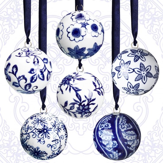 HwaGui 6 Pcs Christmas Porcelain Balls 2.4 Inch Blue and White Porcelain Chinoiserie Ornament Bulk Porcelain Hanging Decorative Ceramic Decor for Home Tree Xmas Party (Stylish Style) 