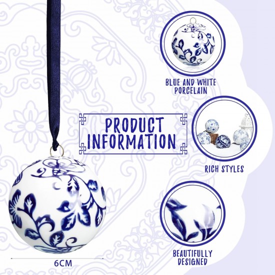 HwaGui 6 Pcs Christmas Porcelain Balls 2.4 Inch Blue and White Porcelain Chinoiserie Ornament Bulk Porcelain Hanging Decorative Ceramic Decor for Home Tree Xmas Party (Stylish Style) 