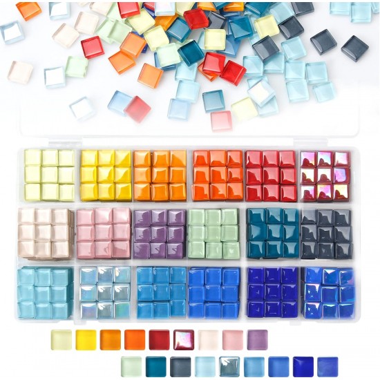 HwaGui 900 pcs 2.2LB Glass Mosaic Tiles, 18 Colors 10mm Mosaic Glass Pieces with Storage Box, Transparent Mosaic Tiles for Crafts Bulk, Mosaic Supplies for Home Decoration, Art Crafts 