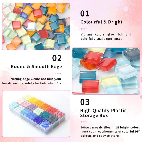 HwaGui 900 pcs 2.2LB Glass Mosaic Tiles, 18 Colors 10mm Mosaic Glass Pieces with Storage Box, Transparent Mosaic Tiles for Crafts Bulk, Mosaic Supplies for Home Decoration, Art Crafts 